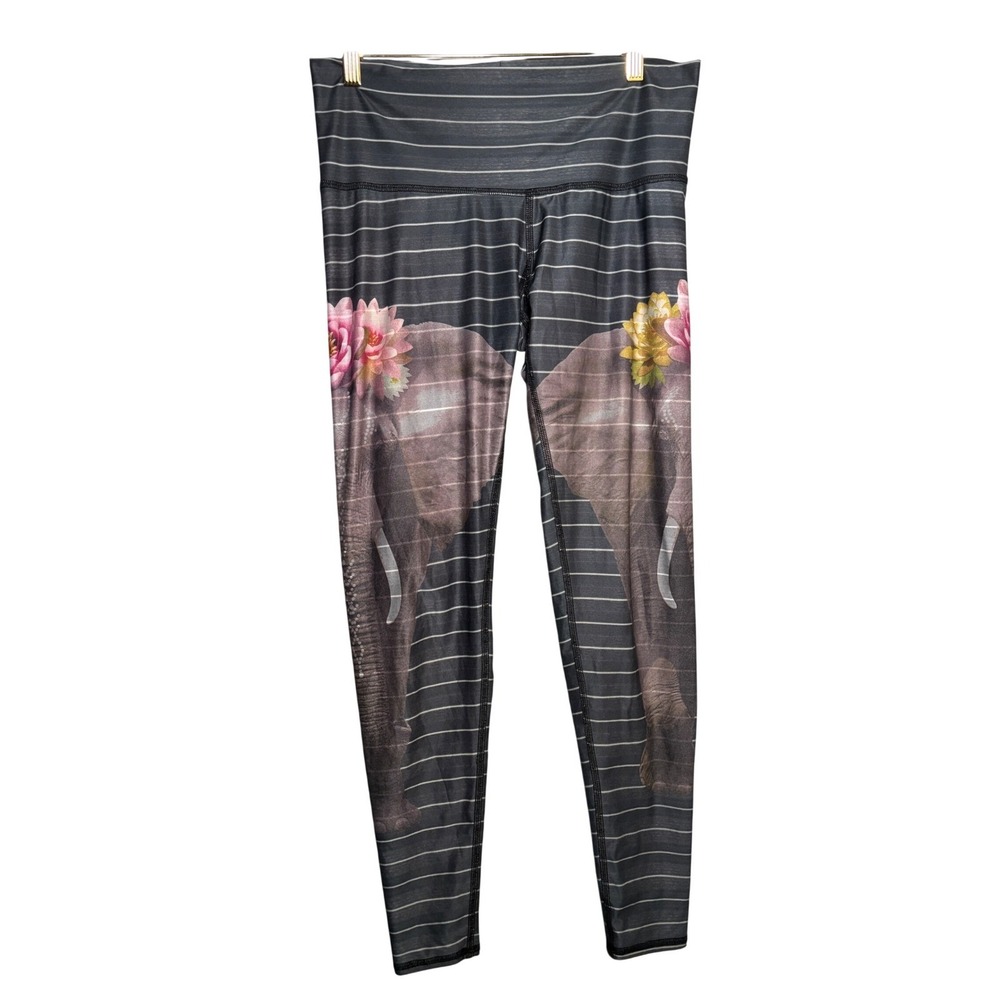 Teeki L Elephant Lotus Flower Striped Leggings Womens Yoga Pants Nature Granola